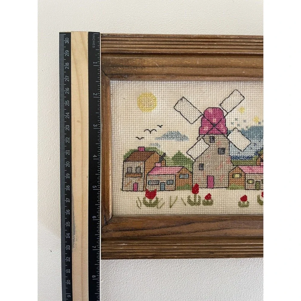 Windmill Houses Flowers Cross Stitch Finished Framed 9.5x7.5